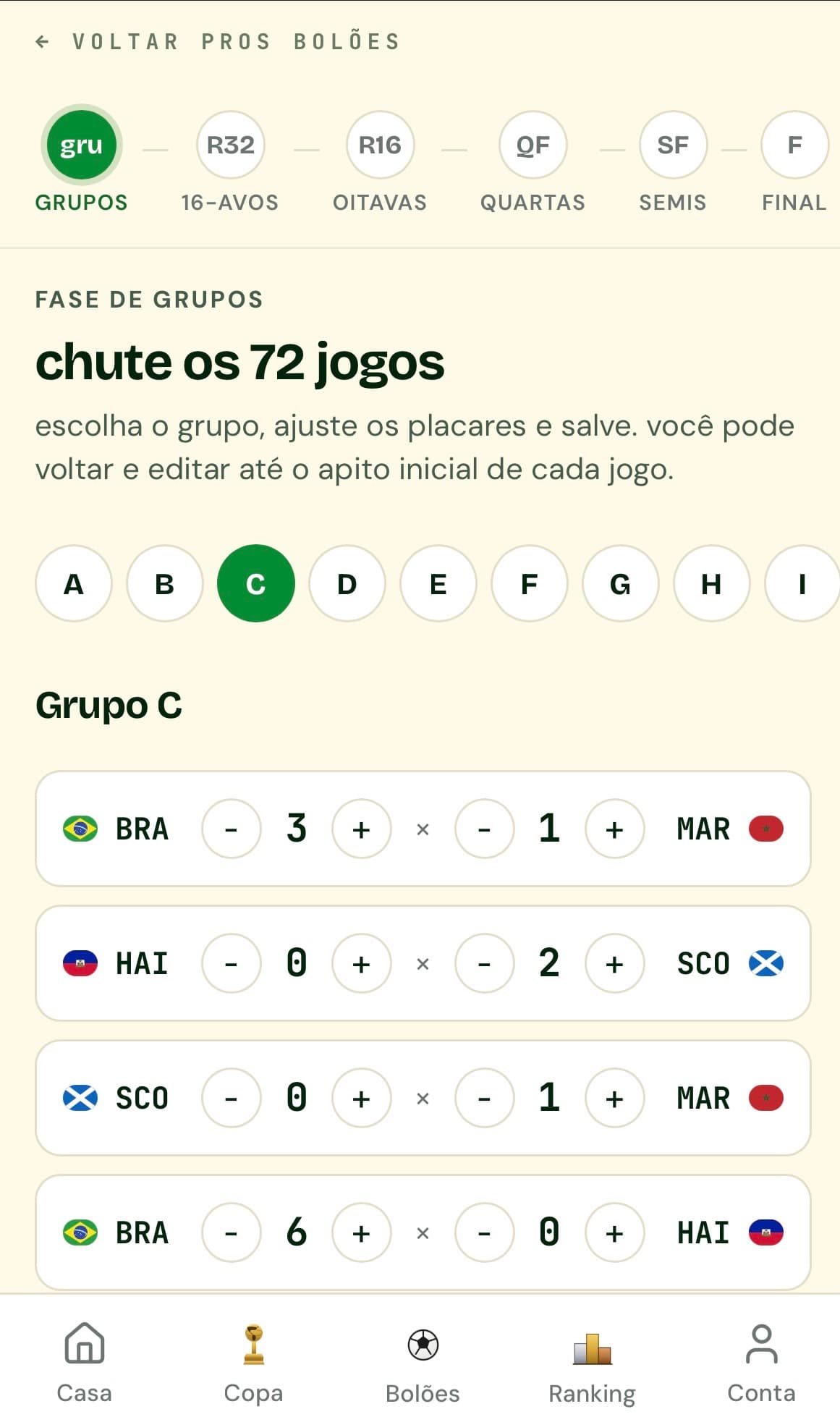 Tela de palpites do Bolazzo: chute os 72 jogos da fase de grupos